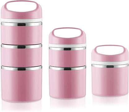 Lille Home Stackable Stainless Steel Thermal Compartment Lunch/Snack Box, 3-Tier Insulated Bento/Food Container with Lunch Bag and 3 Extra Silicone Seals, 43OZ, Pink