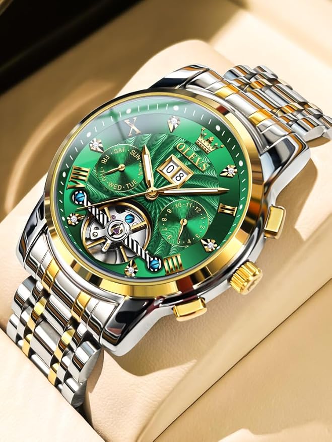 OLEVS Mens Automatic Watches Gold Luxury Diamond Dress Self Winding Mechanical Skeleton Tourbillon Stainless Steel Wrist Watch