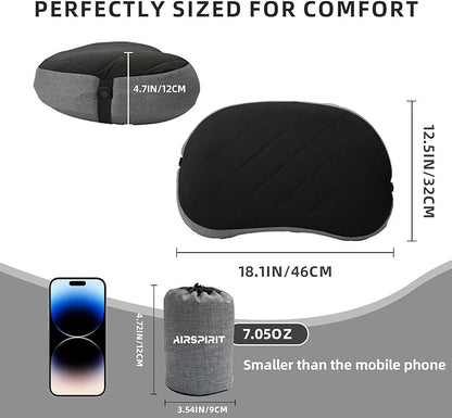 Ultralight Camping Pillow Inflatable with Removable Washable Cover, Compact Travel Pillow for Neck Support, Hiking, Backpacking, Office, Airplane, Car & Beach - Adjustable Firmness (Black)