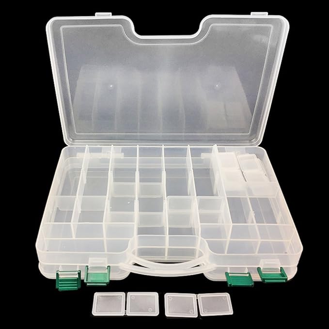 2 Sided Fishing Tackle Box: 44 Compartments Large Fishing Lure Storage Box with Dividers (White)