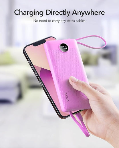 VRURC Portable Charger 10000mAh, Travel Essentials Battery Pack, 5 Output 2 Input Power Bank, Built-in Micro & USB C Cables Phone Charger Compatible with iPhone,Samsung,Android-Purple(1 Pack)