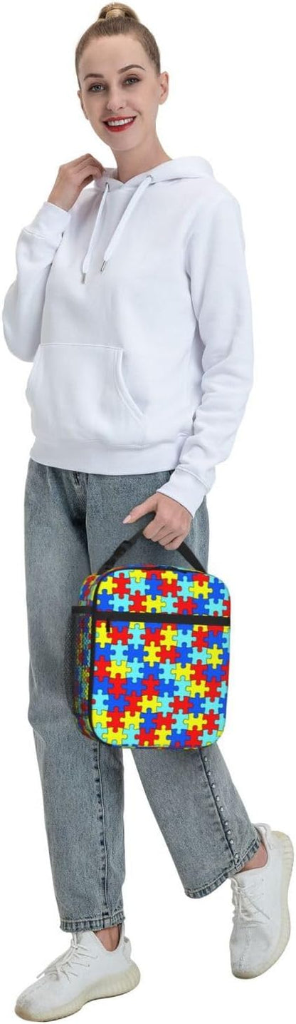 Colorful Puzzle Rainbow Piece Insulated Lunch Bag Reusable Cooler Lunch Box Portable Leakproof Thermal Container Tote Bags for Girls Boys School Travel