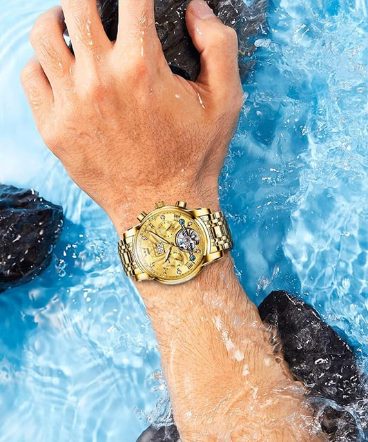 OLEVS Mens Automatic Watches Gold Luxury Diamond Dress Self Winding Mechanical Skeleton Tourbillon Stainless Steel Wrist Watch