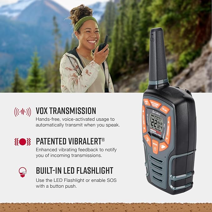 Cobra ACXT545 Weather Resistant Walkie Talkies for Adults with Compatible Cobra Surveillance Headset Microphone: Rechargeable, 22 Channels, Long Range, 2 Two-Way Radio’s, 2 Headsets, Black/Orange