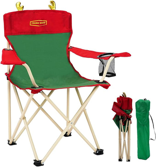 YOUNG WOOD Portable Camping Chair Beach Chair Outdoor Foldable Chair, Included Mesh Cup Holder & Safety Lock to Avoid Pinch Hand, Suitable for Christmas, Camp, Party, with Carrying Bag, Ages 2 to 7