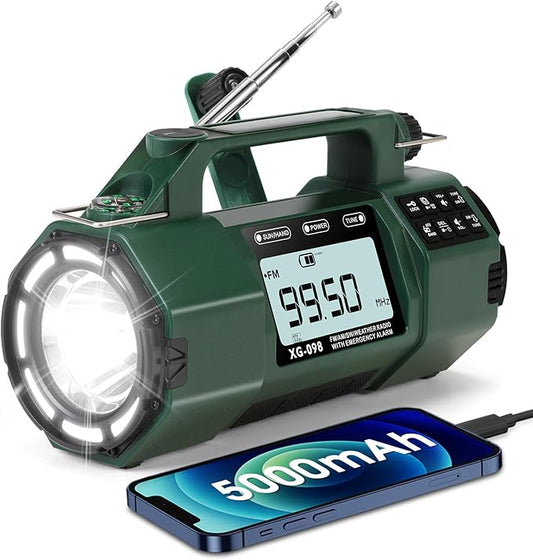 5000mAh Hand Crank Emergency Radio, AM/FM/SW/NOAA Weather Alert Radio Solar Powered, Crank Radios with Flashlight, USB-C Charging, Sleep Timer Clock Alarm, Headphone Jack, SOS Alarm for Home/Outdoors