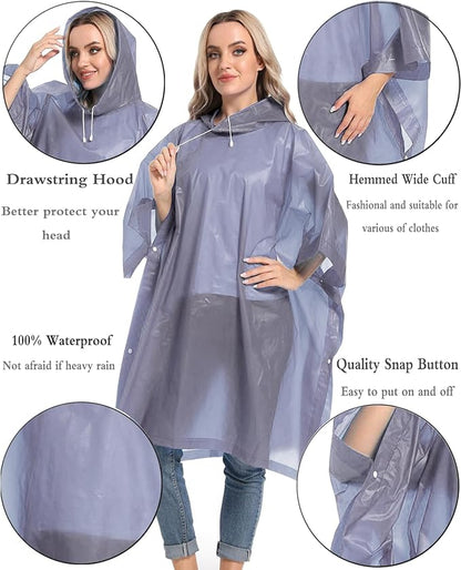 Reusable Rain Ponchos with Drawstring Hood for Adults, Waterproof Thicken Rain Coat, 2 Packs