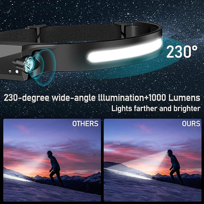 12Pack Headlamp Rechargeable, 1000 Lumen Headlamps for Adults, 230 Angles Wide Beam Headlamp & Spotlight, Motion Sensor, 6 Modes, Lightweight Head Lamps for Camping Running Cycling