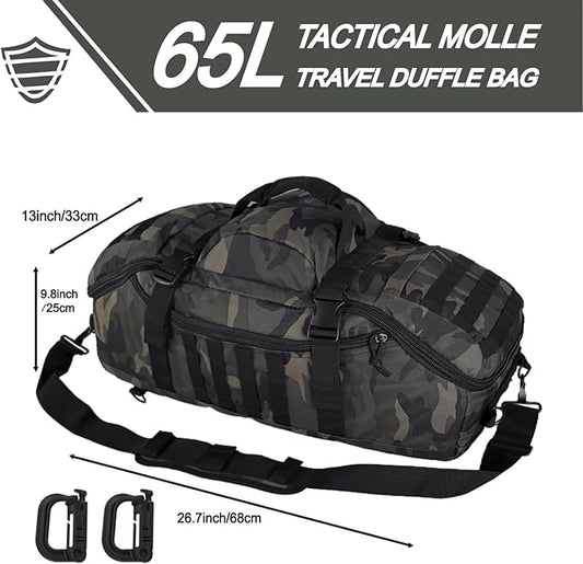 Travel Gym Duffle Bag Tactical, for Men Women Multi-functional Backpack, 3 in 1 Shoulder Bag Backpack Handbag for Sports Hiking Camping, Water Resistant & Easy Clean (Black Camo, 65L)