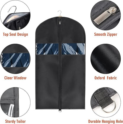 Univivi 8 Pack Suit Bags 43" Waterproof Black Garment Bag, Coat Covers from Dust with Zipper and Transparent Window, for Hanging Clothes, all coats, suits, women shirts, tuxedos, uniforms, winter