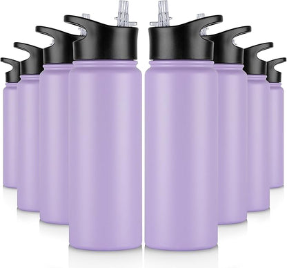 24 oz Insulated Water Bottle Bulk 8 Pack, Stainless Steel Sports Water Bottles with Straw Lid & Wide Mouth Lids, Double Walled Vacuum, Leak Proof, Purple
