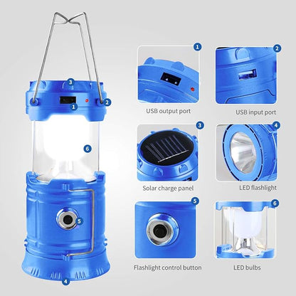 LED Camping Lantern, Solar and Rechargeable Lantern Flashlight Collapsible and Portable Light for Daily/Camp/Hiking/Night Fishing/Emergency/Hurricanes/Storm(Blue, 1 Pack)