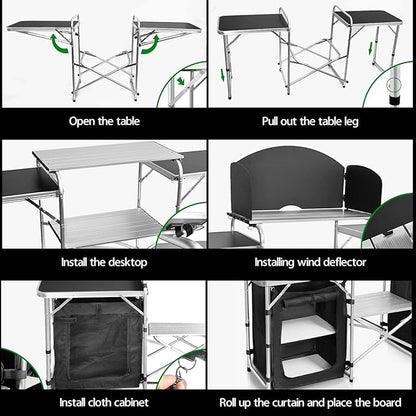 CampLand Folding Cooking Table Outdoor Portable Cook Station Aluminum Camping Kitchen with Storage Organizer, Windscreen, Hooks for BBQ, Party (Black2cabinet)