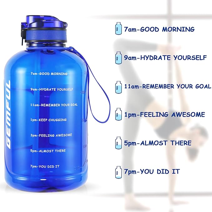 GEMFUL 3L Water Bottle with Straw & Handle, Large Capacity Leakproof BPA-Free Time Marker Motivational Jug for Outdoor Camping Fitness Men & Women (Royal Blue with Removable Straw)
