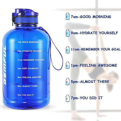 GEMFUL 3L Water Bottle with Straw & Handle, Large Capacity Leakproof BPA-Free Time Marker Motivational Jug for Outdoor Camping Fitness Men & Women (Royal Blue with Removable Straw)