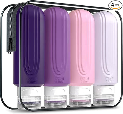 Travel Bottles for Toiletries, Large 6oz Oversize Containers, BPA Free Leak Proof Tubs Refillable Liquid Travel Accessories with Toiletry Bag for Cometic Shampoo and Lotion Soap (4 Pack)