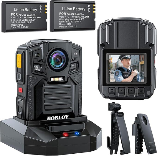 BOBLOV D7 2K Body Camera,128GB GPS 2 * 1950mAh Batteries with Charging Dock, IP67 Waterproof, Body Camera with Audio and Video Recording, 170° Wide-Angle, Night Vision for Security Law Enforcement