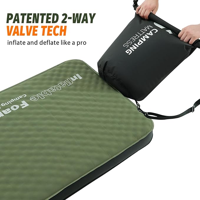 Self Inflating Sleeping Pad, 4in Ultra-Thick Foam Camping Car Mattress with Air Pump Sack, Sleeping Mat for Adults Inflatable Camping Pad Mattress, Single Cot Bed, Travel, Car, Tent, Home, Army Green
