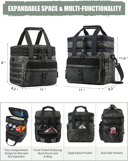JOYHILL 18 L Tactical Lunch Box - Insulated, Leakproof, and Expandable Double-Deck Cooler Bag for Work, Camping, Picnic - Durable Black Lunch Bag for Adults, 24 Can