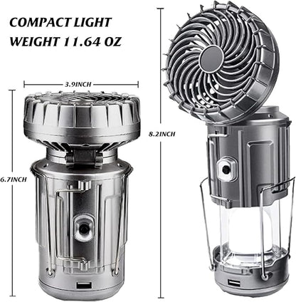 Solar Camping Lantern with Fan,Rechargeable Camping Fans Charging for Phone, Battery Operated Light for Hurricane Power Outage Tent Emergency Camping Gear Must Haves