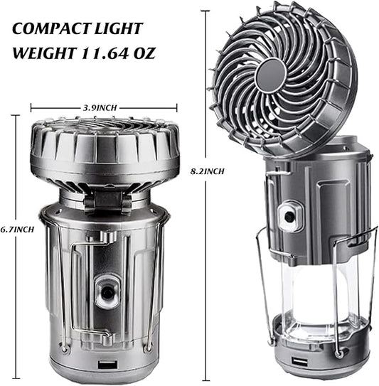 Solar Camping Lantern with Fan,Rechargeable Camping Fans Charging for Phone, Battery Operated Light for Hurricane Power Outage Tent Emergency Camping Gear Must Haves