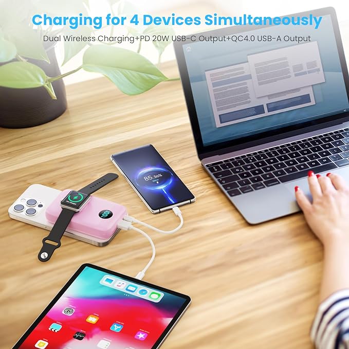 Magnetic Portable Charger 10800mAh,4-in-1 Wireless Power Bank with iWatch Charger, QC4.0+20W PD Fast Charging USB C Battery Pack with LCD Display for Magsafe,iPhone 16/15/14/13/12,Apple Watch, Pink