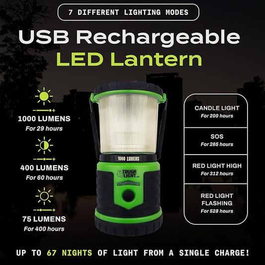 USB Rechargeable Camping Lantern, 1000 Lumens LED Lantern, Tent Lamp, 12000mAh Power Bank, 400 Hour, 7 Modes, Candle Feature, for Outdoors & Emergency