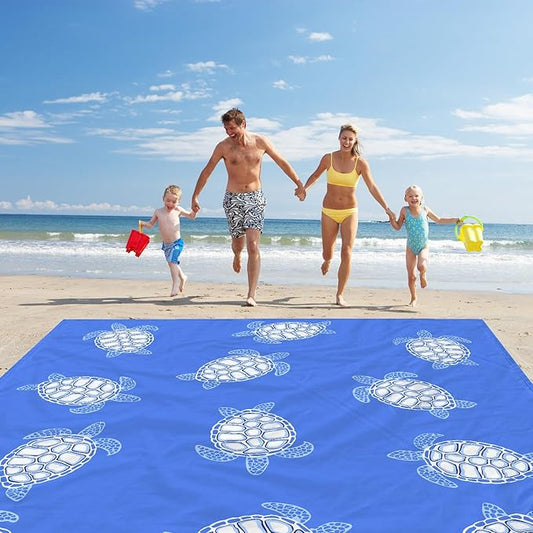 Beach Blanket Waterproof Sandproof, Blue Baby Sea Turtle Polyester Beach Mat Sand Free for 1-4 Adult, Extra Large 9×10 FT Portable Compact Picnic Blankets for Outdoor, Travel,Camping,Hiking