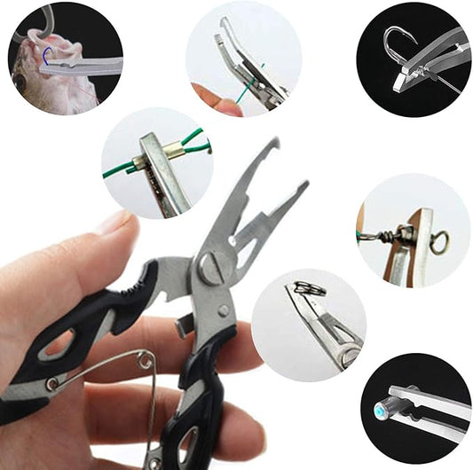 Fishing Pliers, Multi-Function Hook Remover Split Ring Fishing Gears Accessories, Stainless Steel Line Cutter with Sheath and Lanyard Fly Fishing Tools Set