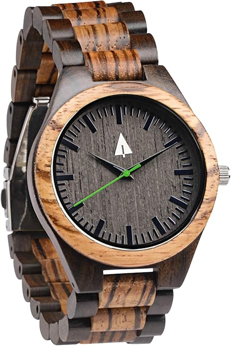 Treehut Wooden Watches for Men, Great Japanese Quartz Analog, Stylish Exotic Watch with Adjustable Stainless Steel Clasp, Buckle, Made from Ebony and Walnut Wood, Relojes Hombre Mujeres