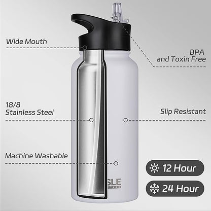 HASLE OUTFITTERS 32 oz Insulated Water Bottle Stainless Steel Double Walled Vacuum Sports Water Bottle with 2 Lids (Straw and Spout Lid) for Gym Camping Hiking(White,1)
