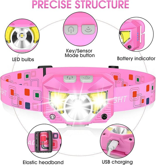 LHKNL Headlamp Flashlight, High Lumen Bright LED Rechargeable Headlight with White Red Light, 2-Pack Waterproof Motion Sensor Head Lamp, 8 Mode for Camping Running Hiking Fishing Gear- Pink