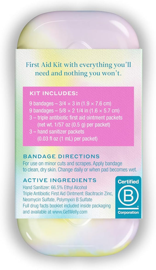 Welly Quick Fix Colorwash, On The Go First Aid Kit, Assorted Bandages, Ointments, and Hand Sanitizer, Tie Dye Patterns, 2 Pack