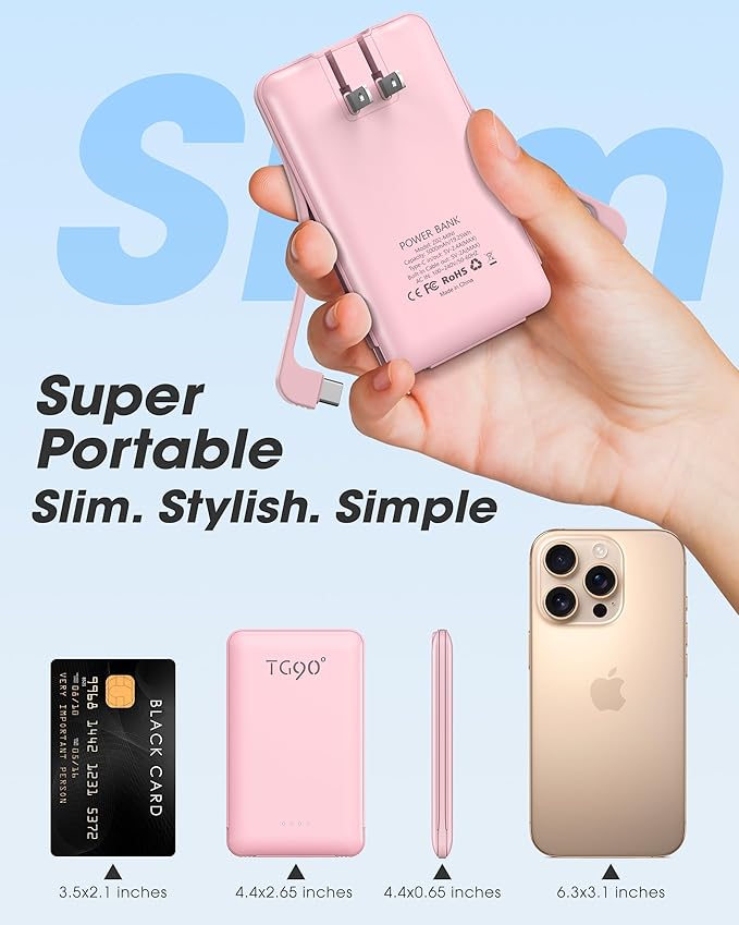 TG90° 2 Pack Portable Charger Power Bank, 5000mAh External Battery Pack with Built-in Foldable AC Wall Plug and Cables, Small USB C Charger Compatible with iPhone and Android Devices