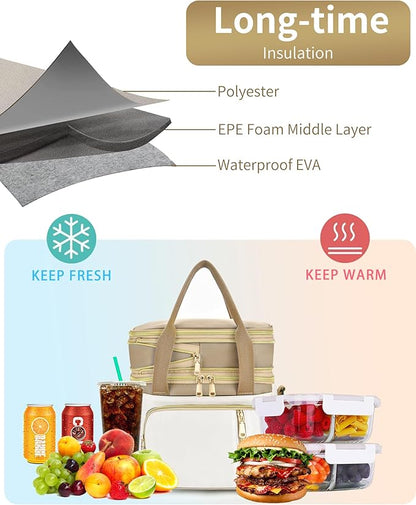 LOKASS Lunch Bag for Women/Men Work, 16L Expandable Double Deck Lunch box, Waterproof Leak-proof Cooler Bag, Portable Meal Prep Lunchbag with Adjustable Shoulder Strap - Brown