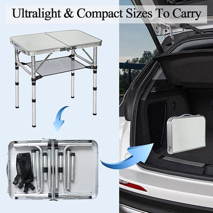 Small Folding Camping Table, Aluminum 3 Adjustable Height Foldable Table, 24" x 16" Portable Lightweight Picnic Table with Mesh Layer for Outdoor Indoor Beach Patio BBQ Backpacking(White)