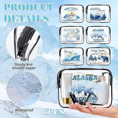 6 Pcs Clear Alaska Makeup Bags Gifts for Women, Beach Cruise Cosmetic Bag,Alaska Cruise Essentials, Travel PVC Waterproof Toiletry Bags for Girls Sister Daughter Nurse Teacher