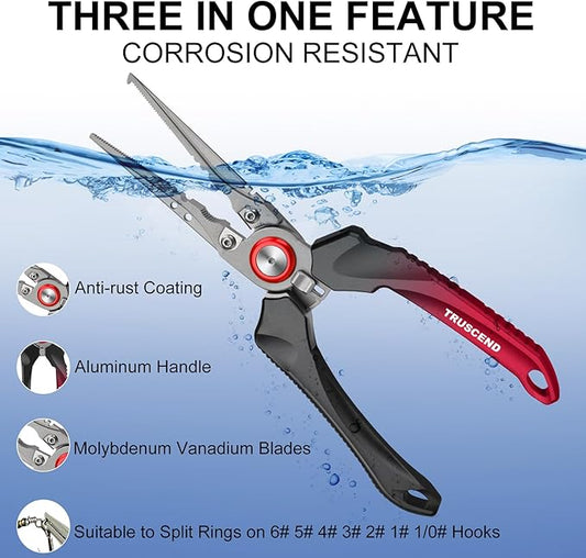 TRUSCEND Lockable Handy Fishing Pliers with Innovative Ergonomic Handle, Saltwater Corrosion Resistant Teflon Coated Fishing Tool, Multi-Function Fishing Gear with Mo-V Cutter