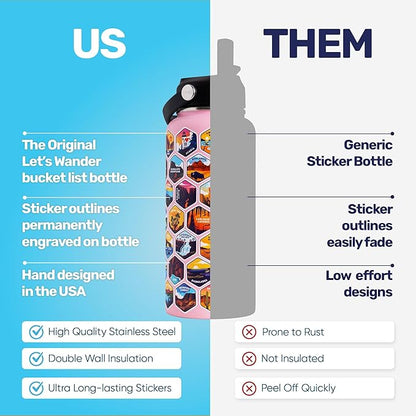 LET'S WANDER National Parks Water Bottle with 63 Waterproof Stickers - 32oz Leakproof Insulated Stainless Steel with Straw - USA Hiker Gift Bottle (Bubble Gum)
