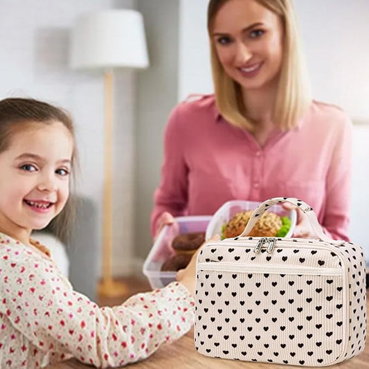 Kids Lunch Box Girls Corduroy Insulated Lunch Cooler Bag Reusable Lunch Tote Kit for School Travel(Heart)