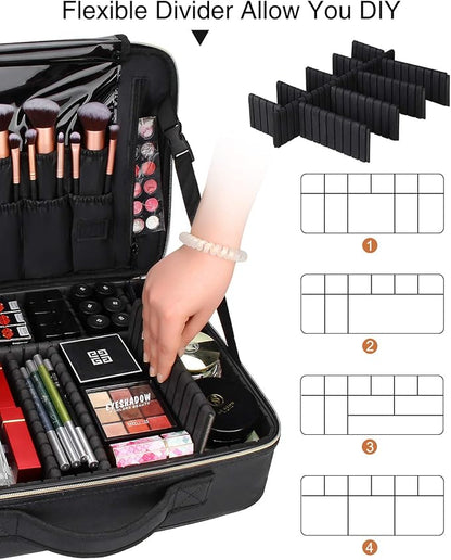Relavel Professional Train Case - 16.5 Inch Travel Cosmetic Organizer, Waterproof Makeup Artist Storage Box, Large Capacity (Leather Black)