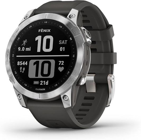Garmin Fenix 7, Adventure smartwatch, Rugged Outdoor Watch with GPS, Touchscreen, Health and Wellness Features, Silver with Graphite Band - 010-02540-00