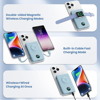 Magnetic Portable Charger for iPhone with Built-in Cables, 6-in-1 10800mAh Power Bank with iWatch Charger & LCD Display,25W Fast Charging Battery Pack for iPhone 16/15/14/13/12,Apple Watch (Sky Blue)