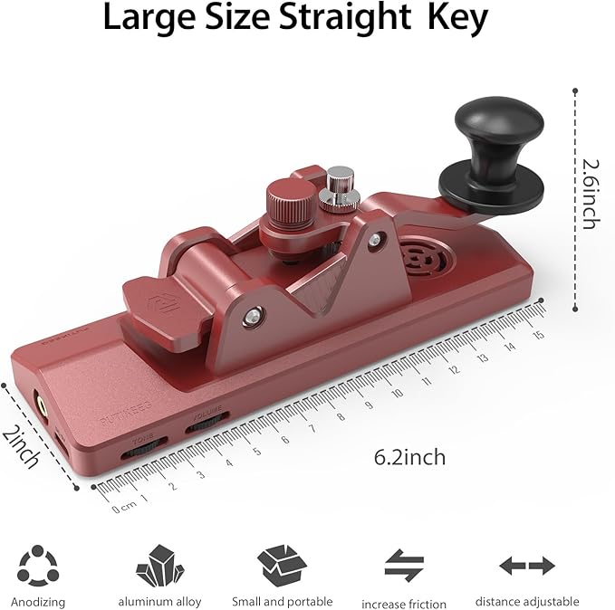 Mini CW Key Morse Radio HAM Big Double Paddle Morse Code Key Aluminum Alloy Body with Speaker Base Red
