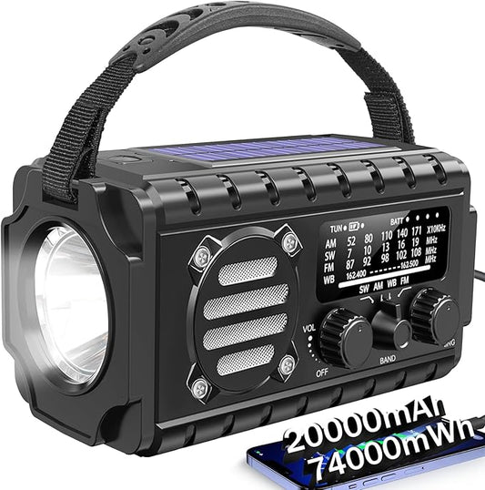 Emergency Radio Hand Crank Solar, AM/FM/SW NOAA Weather Radio Built-in 20000mah Large Battery Powered,Type-C Charger,Flashlight, Reading Light,SOS, Compact & Portable for Camping/Emergencies