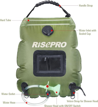 Solar Shower Bag, RISEPRO 5 gallons/20L Solar Heating Premium Camping Shower Bag Hot Water with Temperature 45°C Removable Hose on/Off Switchable Shower Head Hiking Climbing Summer Shower K8