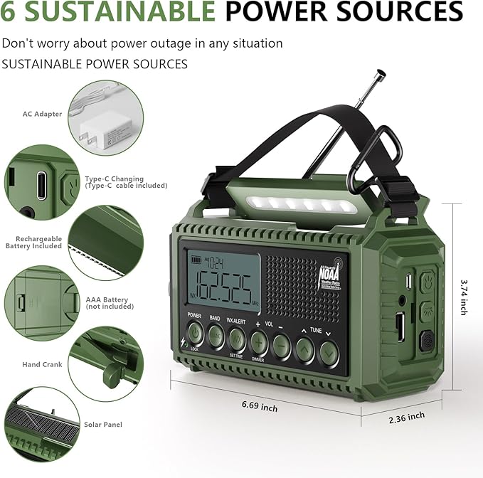 Emergency Weather Radio 12000mAh - Solar Hand Crank NOAA Weather Alert Radio with AM/FM/SW, Rechargeable Battery Charger, Flashlight, Reading Lamp & SOS Alarm, Portable Radio for Emergencies & Outdoor
