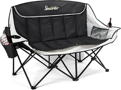 Double Camping Chair for Adults Outdoor Folding Chair with 2 Cooler Bags Support 500lbs Heavy Duty Camp Chair for Outdoor Sports Beach - Black&Grey