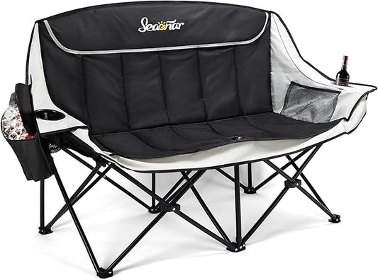 Double Camping Chair for Adults Outdoor Folding Chair with 2 Cooler Bags Support 500lbs Heavy Duty Camp Chair for Outdoor Sports Beach - Black&Grey