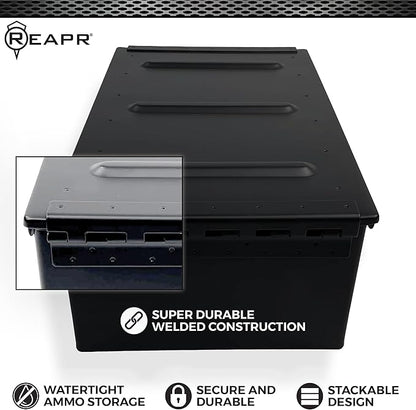 Reapr Steel Ammo Can, Heavy Duty Locking Metal Ammo Storage Box, Airtight and Watertight 30 Cal or 50 Cal Case for Rifle, Shotgun, Pistol, Military Footlocker Style Tool and Gear Organizer